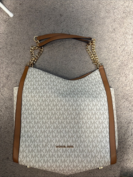 Michael Kors Handbags - Michael Kors White MK Logo Shoulder Hobo with Brown Trim & Gold Chain